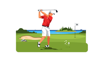 Golf player swinging club on green course ocean and island in background flag marked 9