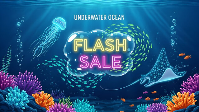 Vibrant underwater flash sale banner featuring luminous coral reefs, diverse marine life like jellyfish and stingrays, and glowing neon text for captivating ocean-themed promotions