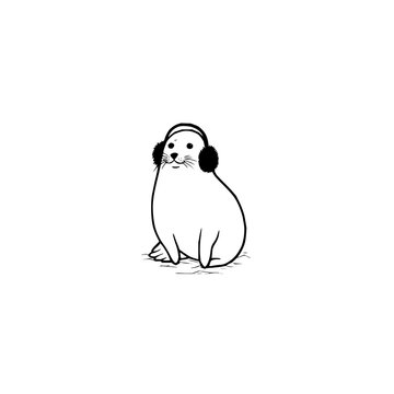 Illustration of a cute seal wearing earmuffs winter animal arctic mammal sea creature adorable line art drawing 100