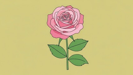 A single pink rose with green leaves on a yellow background.