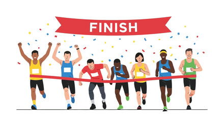 Runners crossing finish line confetti falling