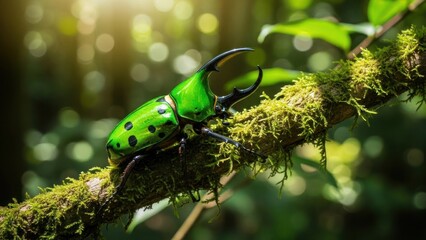A vibrant green beetle with black spots on a mossy branch in a lush forest setting.
