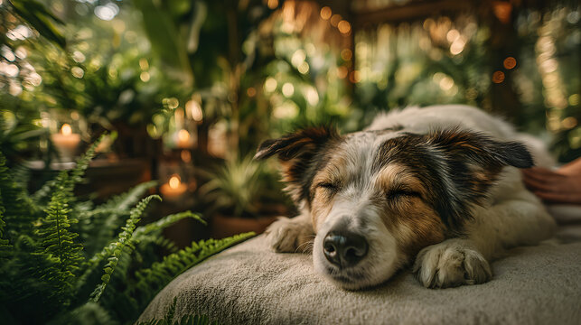 A relaxed dog enjoying a soothing massage with gentle hands in a tranquil setting filled with plants. Serene canine spa treatment calming touch therapy amidst lush greenery for ultimate