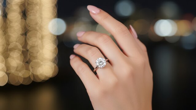 Close up of a woman's hand wearing a large, sparkling diamond engagement ring, with blurred bokeh lights in the background, symbolizing love and commitment.