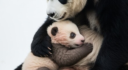 母パンダが愛らしい子パンダを優しく抱きしめる心温まる瞬間 穏やかな光が親子の愛情を柔らかく照らす. AI Generated