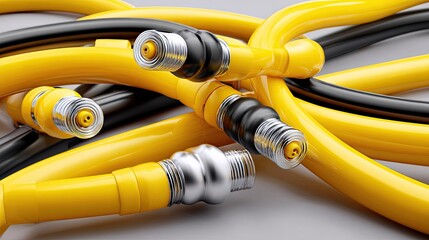 High-Tech Cable Assembly: A detailed close-up shot of an intricate network of yellow and black cables, showcasing advanced engineering and connectivity.