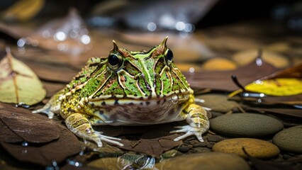 Fototapeta premium A green and yellow frog with large eyes and a spotted pattern, sitting on a rocky surface with leaves and water.