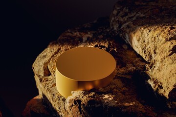 3d presentation pedestal or dais made in rock formation illuminated by sunlight. 3d rendering of mockup of presentation podium for display or advertising purposes