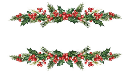 Watercolor Christmas Holly Leaves and Berry Borders with Pine Branches Festive Divider Illustration