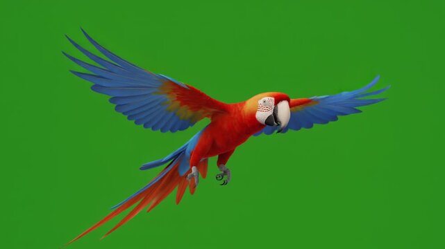 A vibrant red, blue, and yellow parrot in mid-flight with wings spread wide against a green background.