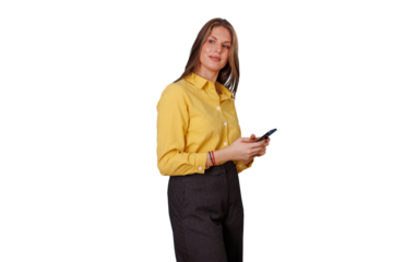 Woman in yellow shirt working on smartphone, business communication, digital technology, networking, checking messages with transparent background
