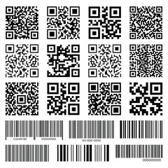 Fototapeta premium Scan QR code black icon set isolated on transparent background. Digital barcode and QR scanning symbols for smartphone, payment, mobile app, product label, and contactless access. Flat and line vector
