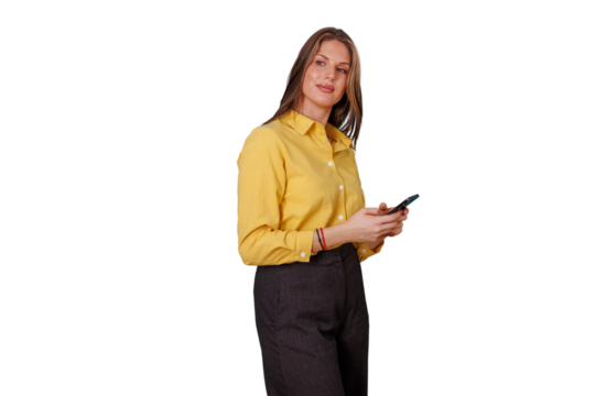 Woman in yellow shirt working on smartphone, business communication, digital technology, networking, checking messages with transparent background