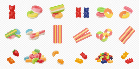 A vibrant collection of various colorful gummy candies, including bears, rings, and strips, displayed on a transparent background.