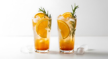 Fototapeta premium Two refreshing orange rosemary cocktails with ice and orange slices.