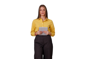 Confident businesswoman holding a tablet, standing, looking at camera, presenting professional digital information on transparent background