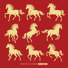 Golden horses prancing on a vibrant red background celebrating Year of the Horse