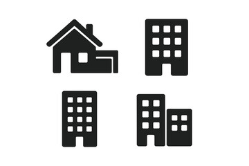 Black silhouette icons of residential and commercial buildings for real estate and interface design