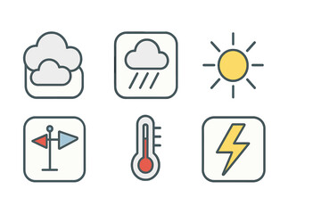 Colorful weather forecast icons set including sun rain clouds temperature and lightning symbols