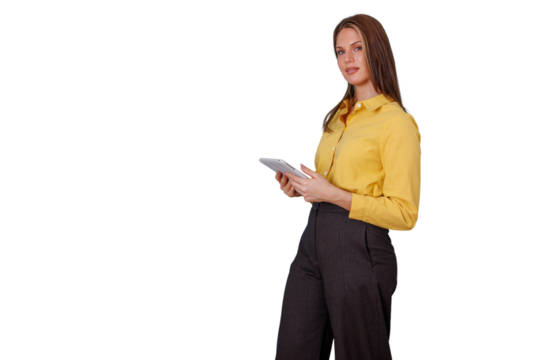 Businesswoman engaged in digital work, holding a tablet and smiling, representing modern enterprise and technology integration