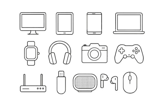 Collection of modern technology gadgets and electronic devices outline icons set