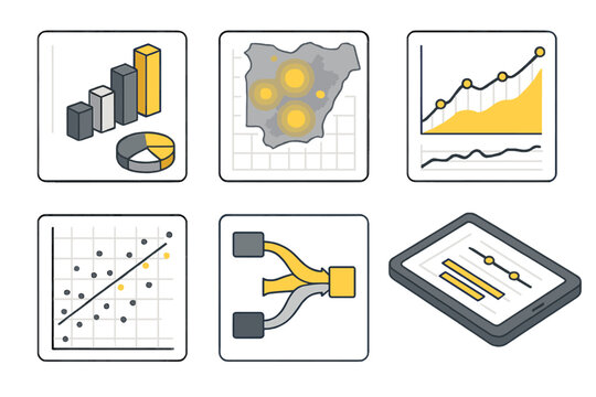 Data analysis charts, graphs, statistical plots, and digital devices for business intelligence