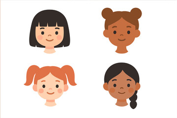 Diverse group of four smiling young girls' heads with various hairstyles and skin tones