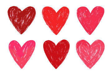 Six hand-drawn hearts with red and pink crayon texture for love and romance design