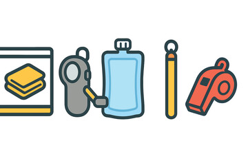 Essential equipment for sports and outdoor activities: whistle, water bottle, and diving mask