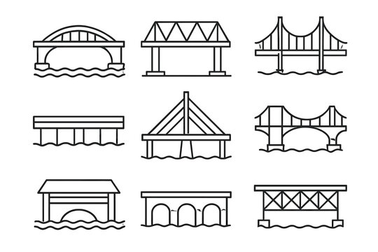 Collection of nine different bridge structures over water in various architectural styles