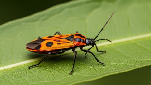 A vibrant orange and black firebug beetle on a green leaf with a blurred green background.