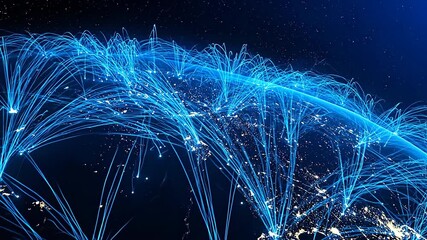 Global Network Connections Abstract Data Visualization Blue Light Trails Across Dark Planet Surface with Sparkling Lights - Powered by Adobe