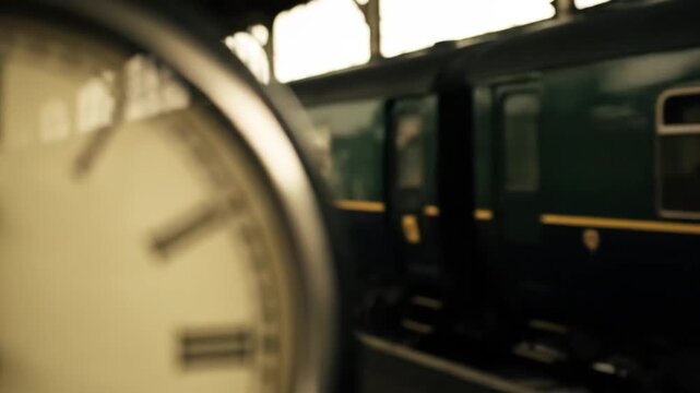 4k, Time-lapse shot of a vintage clock face with hands moving against the backdrop of a passenger train on a station platform, in muted, sepia tones and shallow focus.