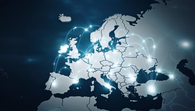 High-Tech Digital Map of Europe Featuring Glowing Network Connections and Data Nodes; Ideal for telecommunications industry reports, cybersecurity firm websites, and global logistics presentations.