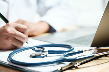 Fototapeta premium Doctors and nurses for medical concepts, health insurance, family health benefits access and copy space. Doctors diagnose diseases on document and computers.