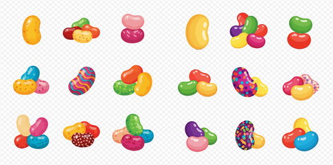 A collection of colorful jelly beans in various arrangements and flavors, including single beans and small piles, on a transparent background.