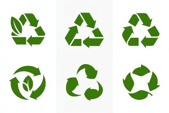 Green recycling symbols with leaves collection on white background.