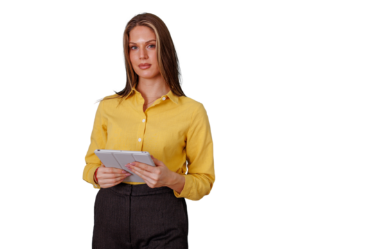 Confident businesswoman holding tablet, presenting modern technology for business communication, isolated with transparent background - Powered by Adobe