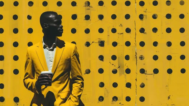 Video A person wearing a bright yellow suit standing against a yellow background, ideal for use in s or graphics