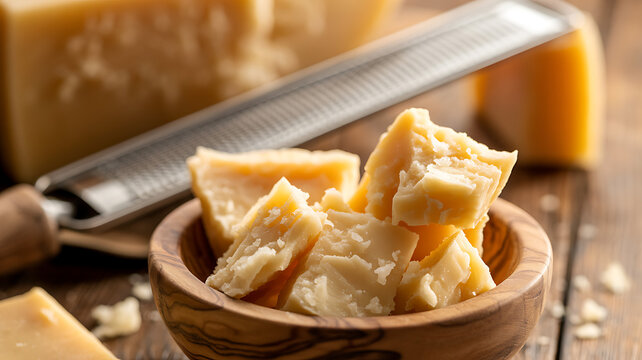 Close up of hand broken parmigiano reggiano parmesan cheese chunks pieces in a small wooden bowl with a grater and large block of cheese on a rustic dark wooden table