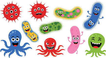 Collection of cartoon microbes and octopuses with happy and angry expressions bacteria
