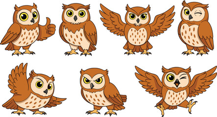 Collection of cartoon owls with different expressions and poses illustration bird