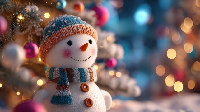 Cute snowman with knitted hat and scarf near Christmas tree