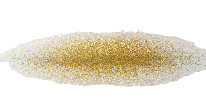 extreme close-up macro of sparse ultra-fine metallic gold glitter dust scattered on a pristine matte white surface, dramatic spotlighting maximizing specular reflection, concept of luxury and elegance