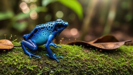 A blue and black poison dart frog perched on a mossy log in a lush, green jungle setting.