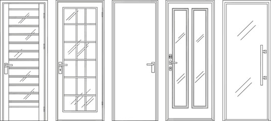 Five different styles of outline doors with glass panels and handles entrance entryway