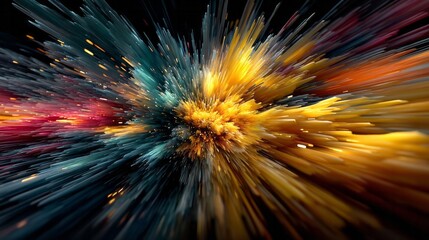 Abstract explosion of vibrant colors and light particles against dark background.