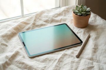 Tablet and Stylus on Table Near Window