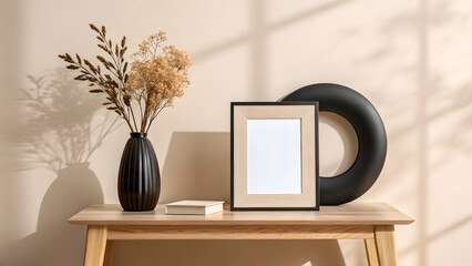 Minimal decor table with blank frame black vase and natural dried plants
