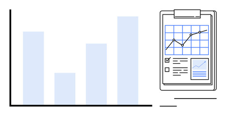 Obraz premium Bar chart with increasing data bars and grid clipboard featuring growing trend line and checklist. Ideal for statistics, progress tracking, analytics, performance review, planning, business growth